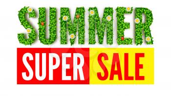 The inscription of summer green leaves of spring and summer flowers, ladybugs. Super sale discount. Selling ad banner. Text on green background of lawn, grass and sky with clouds. Eco-card on white.