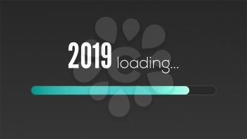 New Year 2019 is loading. Sign with loading panel, progress bar on black background. Greetings with design of text in vintage style. Vector illustration, eps10.