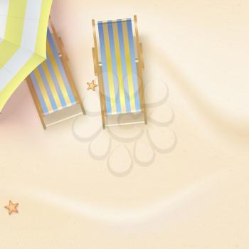 Sun loungers under sun parasol on the sandy beach. Summer sandy beach with sun umbrella, deck chair, sea stars. Top view of vector 3D illustration of summer holidays on sunny beach, flat lay