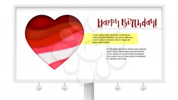 Red heart from paper with cut out layers. Billboard with greetings for Birthday. Modern abstract background with design of text Happy Birthday. Art of carving from paper