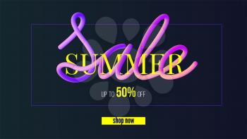 Summer sale banner, get up to fifty percent, shop now. Design of text message in paper cut and color flowing style. Design of layout for discount events. Vector template for cards, invitation.