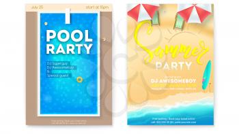 Set of posters for summer parties. Invitation for pool party and beach summer party. Top view on pool, seaside, deck chairs, inflatable balls, circles, board for jumping into water. Vector template