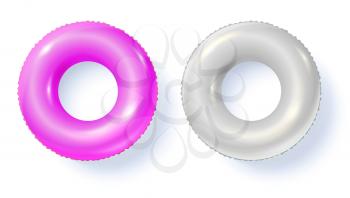 Swimming rings isolated on white, top view. White and pink inflatable circles for swimming, flat lay. Vector icons with shadow, template for your summertime design, cover, posters