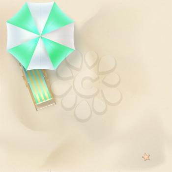 Sun lounger under sun parasol on the sandy beach. Summer sandy beach, sun umbrella, deck chair, top view. Vector horizontal 3D illustration of summer holidays on sunny beach, flat lay