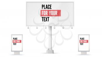 Billboard and Lightbox, ad panel placeholder for advertisement. 3D illustration isolated on white background. Set of construction of blank billboard icons, mock-up in full size