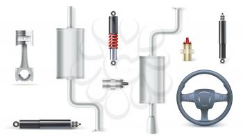 Icons of Car parts for garage, auto services. Set of car shock absorbers, piston for motors, kit of attenuators and electric reels, wheel of the car isolated on white background. 3D illustration