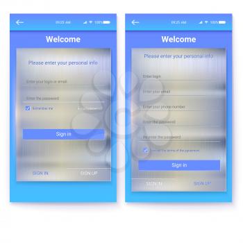 UI of mobile app with metal background. Page of Sign In and to Sign Up profile. GUI design for responsive business website or applications. 3D illustration, illustration on white background