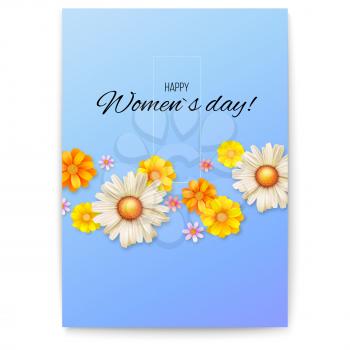 Cover design, floral pattern of spring wildflowers. Floral vector poster with blossom. Greetings card for Happy women s day. Summer banner for congratulations, invitations, posters, 3D illustration