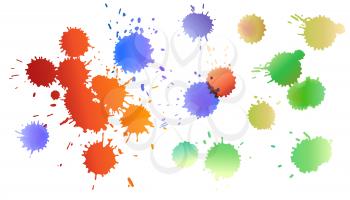 Set of watercolor colored drops of ink. Expanding of drops spreading on isolated white background. Grunge drops texture. Resizable spray paint shape. Vector abstract splash and stains