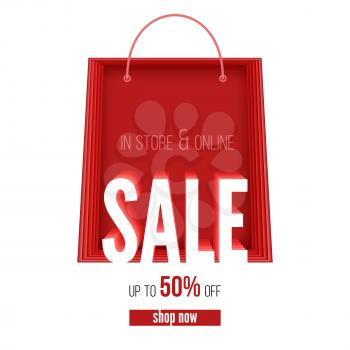 Sale banner in paper cut style. In store and online get up to fifty percent. Shopping bag with design of text message. Design of layout for discount events. Vector template for cards, invitation.
