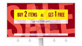 Banner with text design, buy two items and get one free. Billboard with sale poster isolated on white, 3D illustration. Discount action and marketing events. Get up seventy five percent discount off