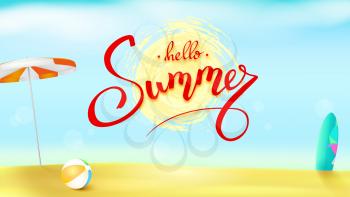 Horizontal summer background with sun umbrella, inflatable ball and surfboard. Handwritten text summer above the symbol of sun in brush grunge style. Sunny beach with sand and blue sky
