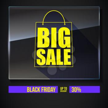 Big sale text banner on black backdrop. Ready to print and use in advertising of products. Selling ad poster for black friday action with sign of shopping bag on glass plate. 3D illustration.
