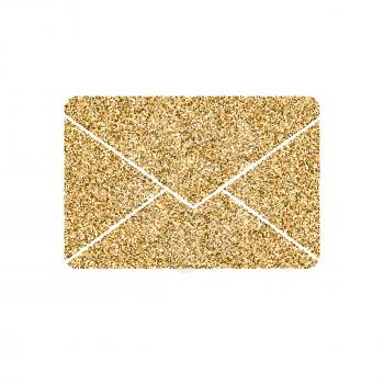 Letter of mail icon with glitter effect, isolated on white background. Outline icon of paper envelope, vector pictogram. Symbol from golden particles dust.