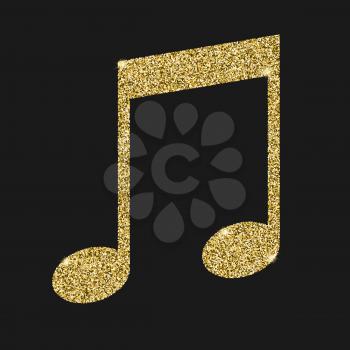 Musical notes icon with glitter effect, isolated on black background. Outline icon of notes, musical symbols, vector pictogram. Symbol from golden particles dust.