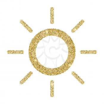 Sun icon with glitter effect, isolated on white background. Outline icon, vector pictogram. Symbol from golden particles dust.