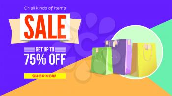 Summer sale flat design poster. Selling ad banner on tricolor flat background with shopping bags. Summer super vacation discount Sale poster, get up to seventy five percent, flat geometric design