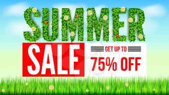 The inscription of summer green leaves of spring and summer flowers, ladybugs. Summer hot discounts. Selling ad banner. Text on green background of lawn, grass and sky with clouds. Eco-card.