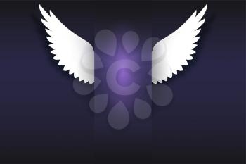 Banner with angel wings. Artificial paper wings, soaring wings with place for your message on dark background Card for your creativity