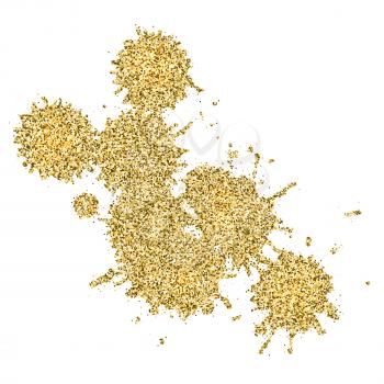 Set of spots with golden sparkles isolated on white background. Abstract shapes glittering of gold. Ink blots consist yellow shining dust. Template for exclusive card, vip certificate