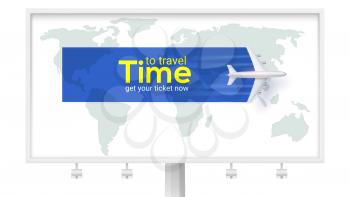 Time to travel. Air transport between countries and continents. Get your ticket now. Airplane above the earth map on white billboard. Vector 3d illustration isolated on white