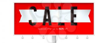 Sale, creative ad billboard. Get up to 50 percent discount. White realistic ribbon. Template for events of black friday, christmas sales. Promotion of discount actions. 3d vector illustration