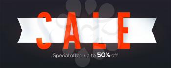 Sale, creative banner isolated on black background. White realistic ribbon. Template for events of black friday, christmas sales. Promotion of discount actions. 3d vector illustration.