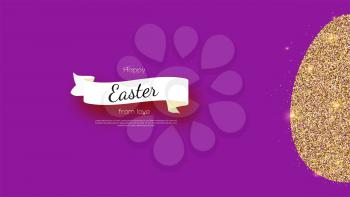 Greetings card with happy Easter holidays. Silhouette of Easter egg from shining golden glittering dusts and old school, retro banner with greeting text. Vector 3d template for invitation, cover.