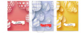 Set of vector posters for Happy Easter holidays. Creative banner in trendy minimalistic mono colors. Vintage ribbon with design of greetings text. Easter eggs in modern three-dimensional style