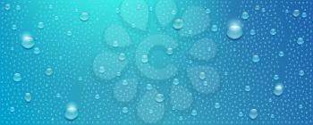 Realistic water drops flow down the glass. Three dimensional droplets with traces from drips vector 3d illustration. Textured background with glow from the sun for banner, poster, leaflet.