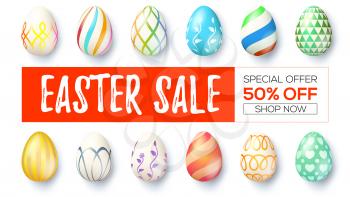 Easter sale. Ad banner with design of handwritten text. Discount 50 percent off. Set of hand-painting Easter eggs isolated on white background, top view. Festive discount actions