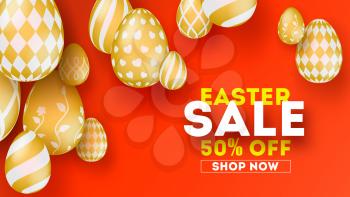 Easter sale, special holiday offer. Set of hand painted Easter golden eggs on red background. Three-dimensional vector illustration for festive discount actions. Get up to 50 percent off