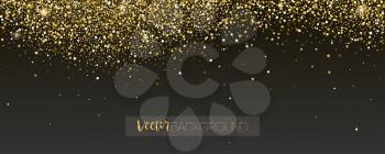 Abstract holiday background with glittering festive rain. Golden shining, sparkly dust falling of down. Glow in the dark. Vector template for banners, covers, leaflets
