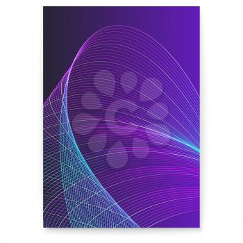 Digital poster with twisted colored lines, mixed color. Dynamic flowing waves on dark background. Abstract wavy spun stripes. Graphics concept of flow, music, technology. Vector design elements
