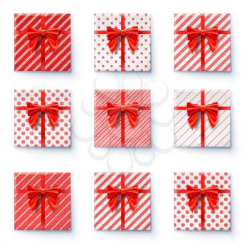 Present boxes with red ribbon and big bow isolated on white background. Top view on gift boxes, festive packaging wrapped in paper with simple different pattern. Set of icons for holidays. Vector.