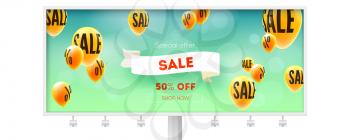Billboard with ad of Sale, price cut offer. Balloons flying in blue sky with sign of percent. Stylish vector 3d illustration isolated on white. Design for discounts actions in shop and markets