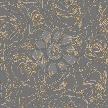 Roses bud outlines. Seamless pattern with flowers in yellow ad gray colors. Hand-drawn romantic background. Style of sketch or doodle . Vector illustration, eps10. Template for textile, wrap paper.