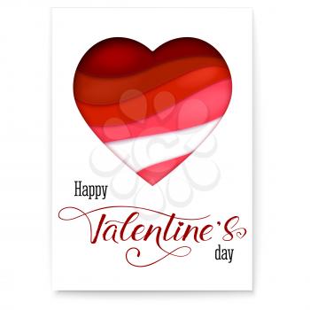Red heart from paper with cut out layers. Simple greeting poster for Valentines days. Modern abstract background with design of calligraphic text. Art holidays handwritten lettering.