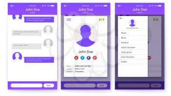 UI kit of mobile app. Page of profile and sidebar menu screen, friends list with chat. GUI design for responsive business website or applications. 3D illustration, isolated on white