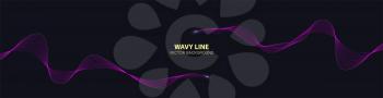 Blended twisted lines with glow on end. Long banner with dynamic flowing waves on dark background. Abstract wavy pattern, optical flow and place for text. Optical art, vector design elements