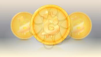 The collection of virtual currency Bitcoin with sun glare and reflections. Icon, golden money of bitcoin with blur and soft focus. Symbol of technology. Digital currency, crypto currency.