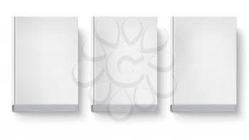 Book cover isolated on white background. Three blank books without text and drawings, top view with shadows. 3D illustration, object for design and branding.