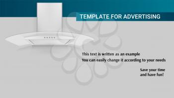 Template with kitchen hood of air for advertisement on horizontal long backdrop, 3D illustration. The example of registration of the advertising message. Icon of cooker hood with template of text.