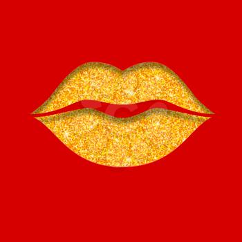 Contour of lips cut from paper with glitter effect and red background. Outline icon of mouth, vector pictogram. Symbol of kiss from golden particles dust.