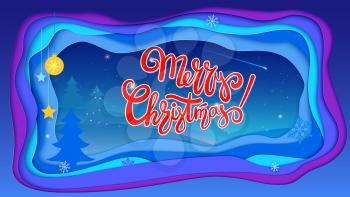 Merry Christmas party background with lettering and winter landscape. Realistic multi layers, carving of paper. 3D Illustration for greeting card or poster. Layered cut out shapes with shadow
