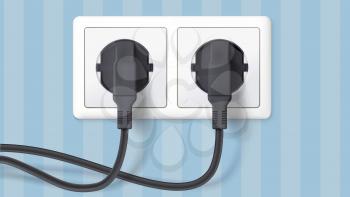 Two black plug inserted in a wall socket on backdrop of wall with wallpaper with stripes. The plug is plugged into the power lines with electric cord. Icon of connecting electrical appliances.
