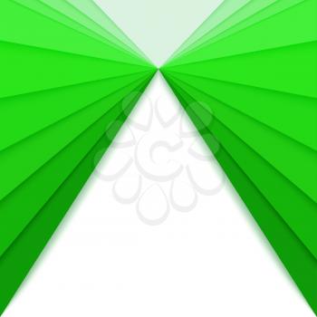 Paper cut out backdrop with green gradient, idea for banner. Triangles with rays, layered colorful paper shapes for card, poster, brochure. Carving art, 3d illustration, abstract background
