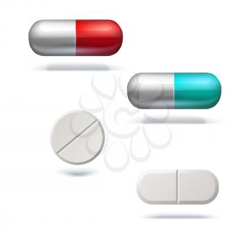 Different pills and capsules for illness. Set of realistic template of medical drugs, tablets, vitamin, antibiotics. Vector 3D illustrations, isolated on white background.