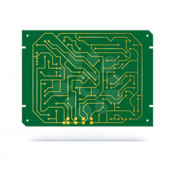 Digital circuit Board isolated on white. Copper contacts on green textolite Board for technology background. Electronic computer hardware technology.