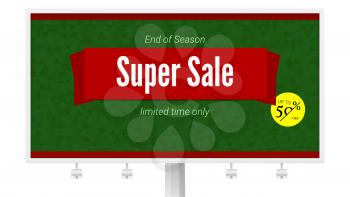 Super Sale ad with fifty percent discount on white billboard. Horizontal poster for advertising events of holiday sales on backdrop from triangles.